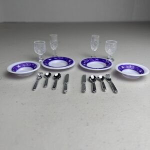 Barbie Doll Dollhouse Miniatures Diorama Kitchen Plates, Cutlery, Wine Glasses
